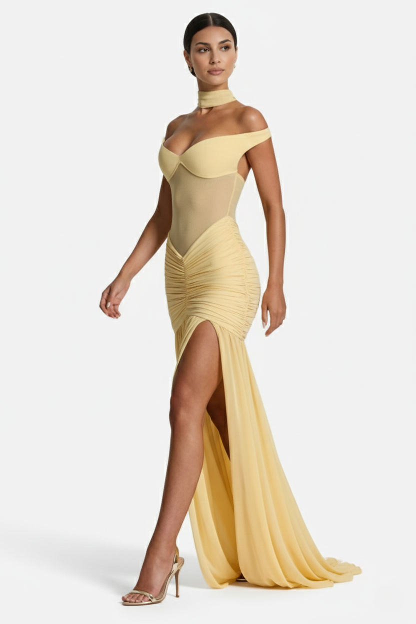 Women's Off Shoulder Ruched Maxi Dress - Mesh Bodice High Slit TARHUS  Maxi Dress