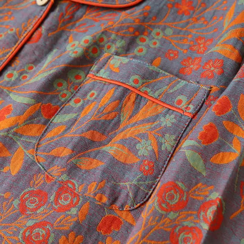 Vintage Leaf Cotton Lapel Loungewear Set - TARHUS