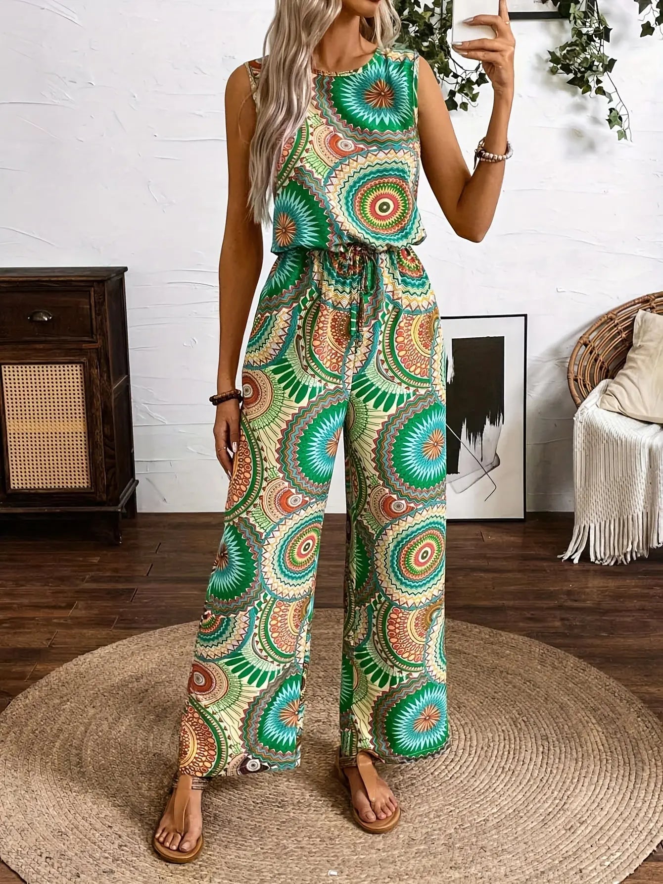 Boho Ethnic Print Jumpsuit for Women – Sleeveless, Wide-Leg, Casual Summer Outfit - TARHUS