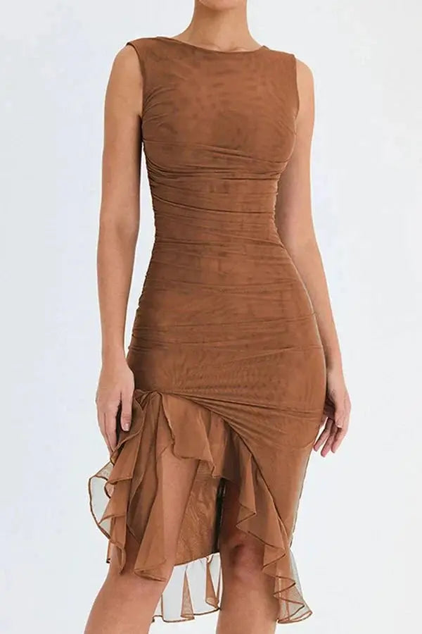 Aurevia | Women Ruched Sleeveless Midi Wedding Guest Dress TARHUS  Dresses