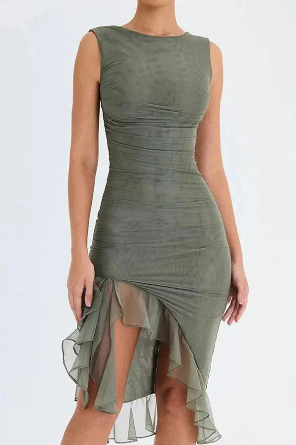 Aurevia | Women Ruched Sleeveless Midi Wedding Guest Dress TARHUS  Dresses