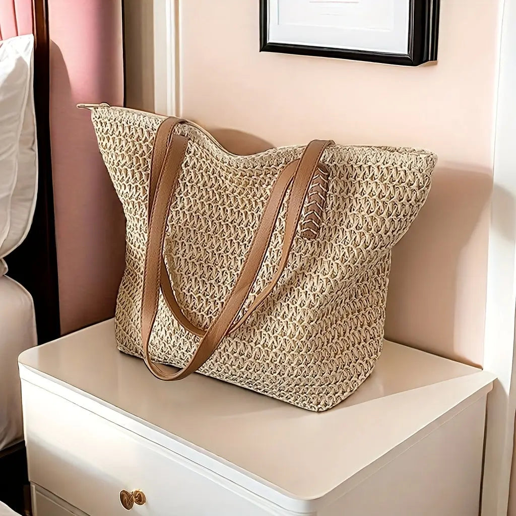 Isla | Large Woven Straw Handbag – Chic Beige Tote with Brown Handles TARHUS  Handbag