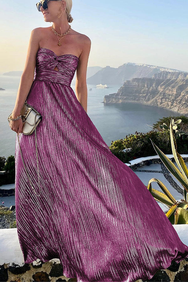 Elegant Strapless A-Line Evening Gown with Pleated Metallic Design TARHUS  Maxi Dresses (Women)