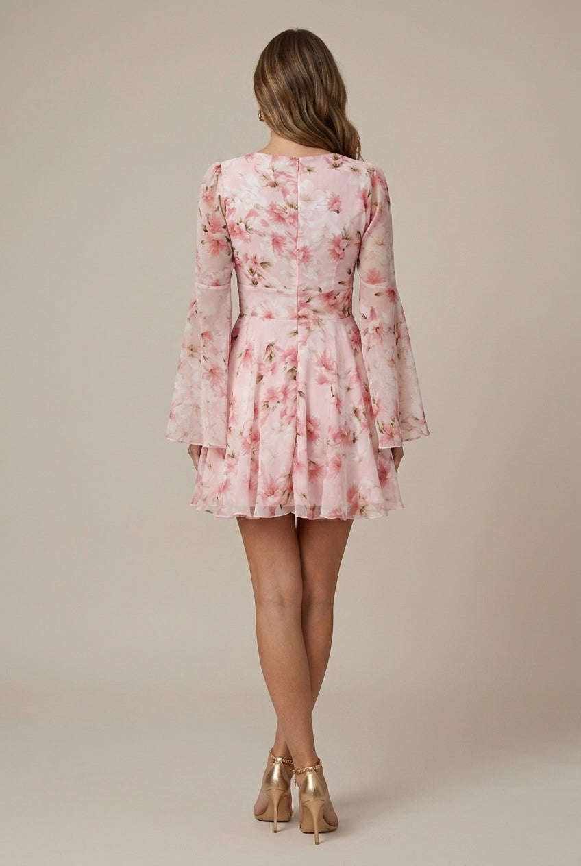Women's Floral V-Neck Bell Sleeve Fit and Flare Mini Dress TARHUS  Mini Dresses