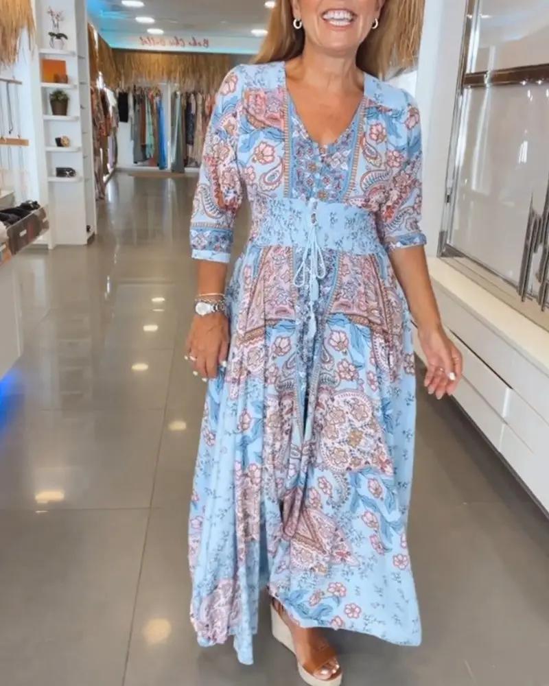 Boho V-Neck Maxi Dress for Women – Floral Holiday Dress with 3/4 Sleeves - TARHUS