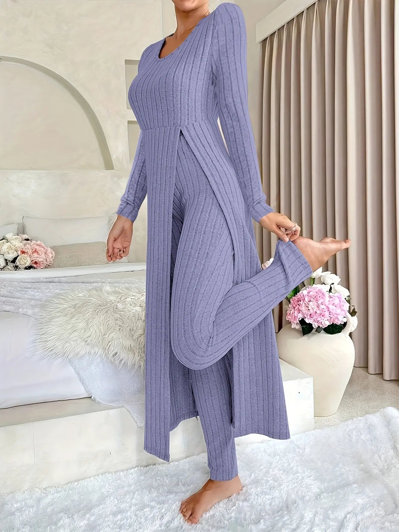 Women's Ribbed Lounge Set – Long Sleeve Top & Pants Two-Piece Outfit - TARHUS