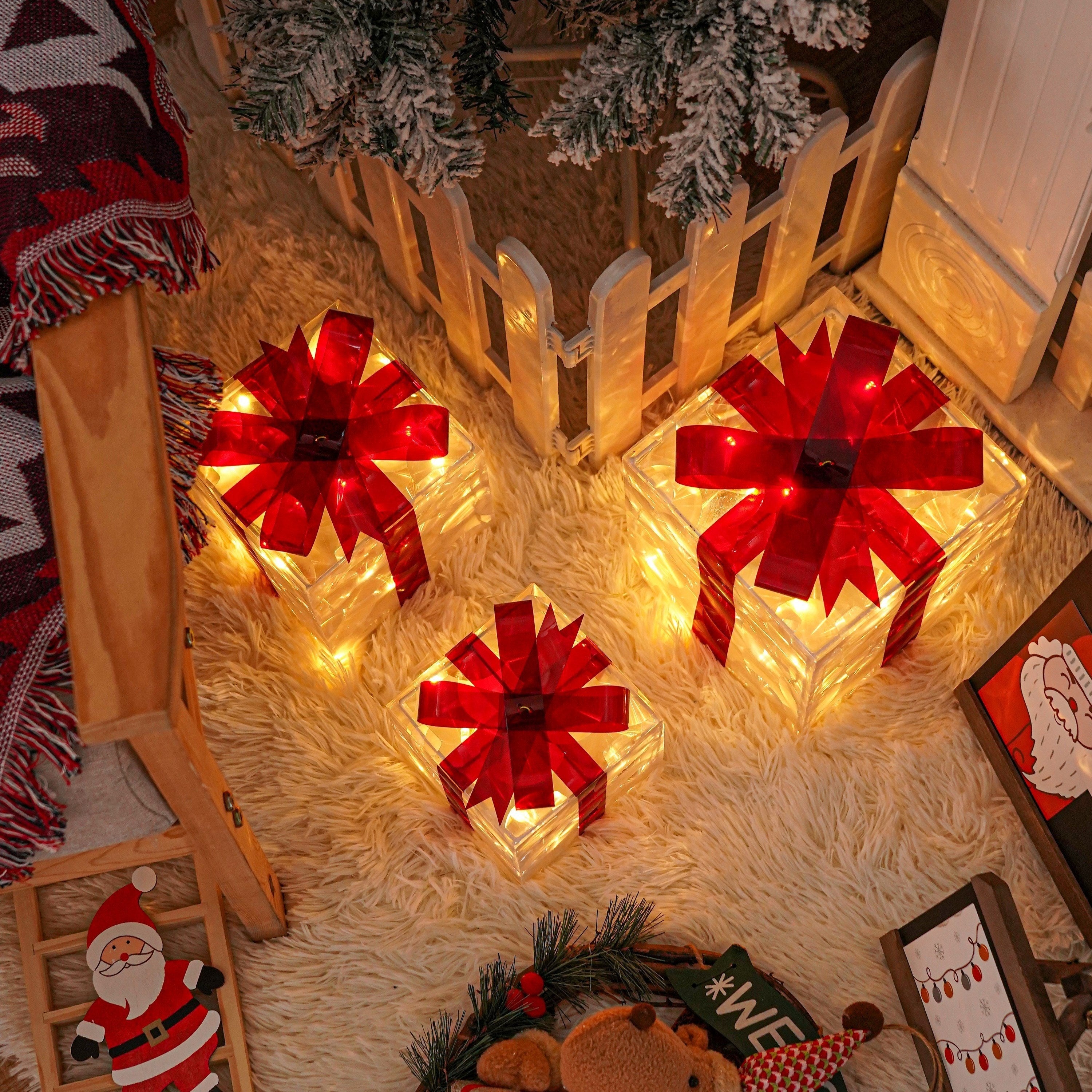 Set of 3 Lighted Christmas Gift Boxes – Warm White LED Presents with Red Bows TARHUS  Christmas