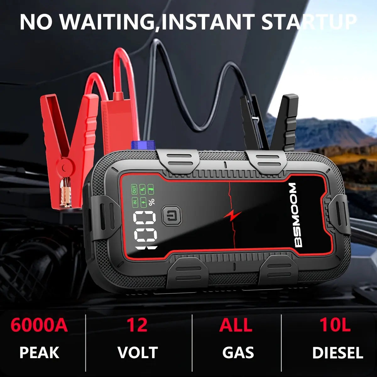 PowerSpark™ 12V Lithium Car Jump Starter – 26800mAh Battery Booster Pack with LED Flashlight & LCD Display - TARHUS