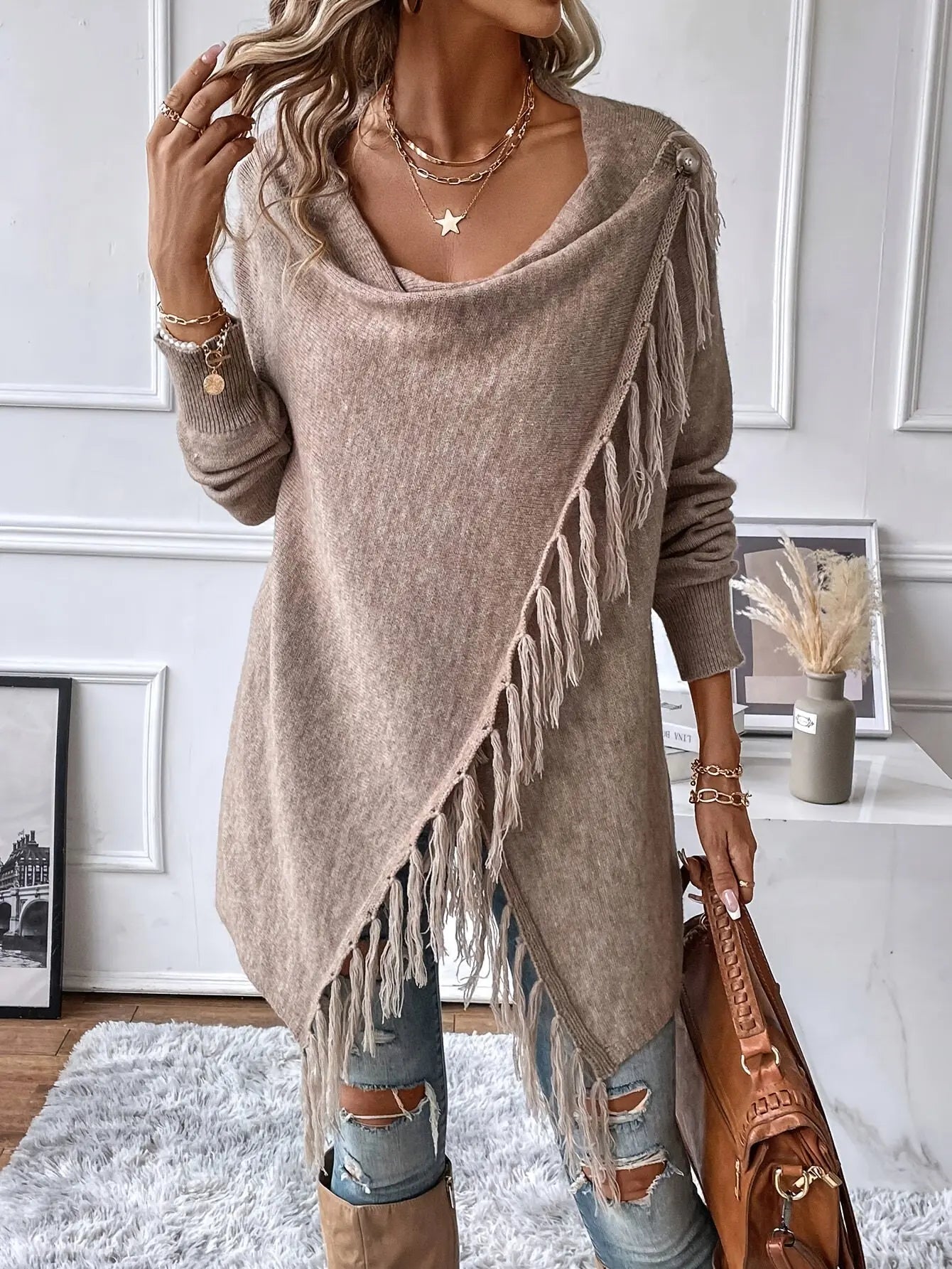 Women’s Knit Cardigan Shawl with Tassel Fringe – Draped Collar for All Seasons - TARHUS
