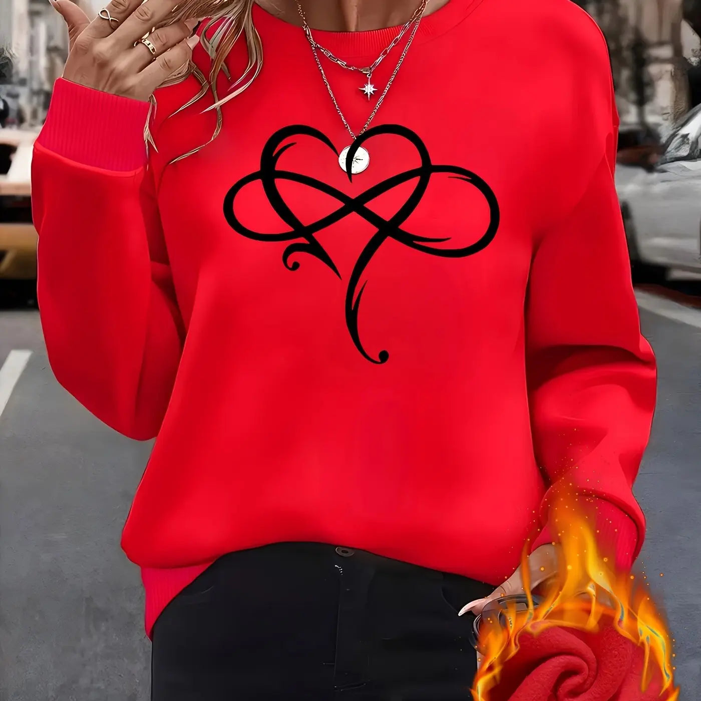 Women’s Fleece-Lined Heart Sweatshirt – Soft Crewneck Pullover for Lounging & All-Season Comfort - TARHUS