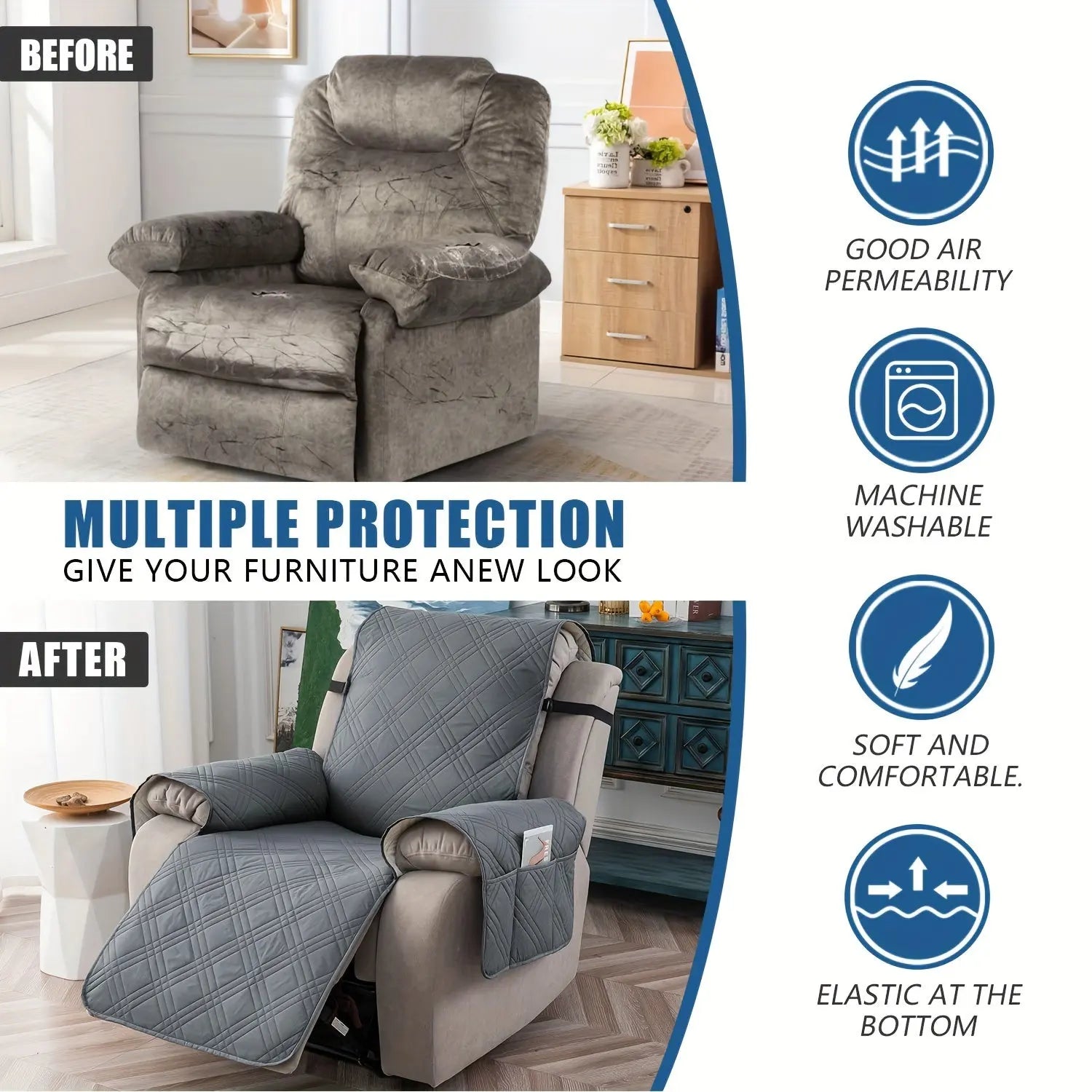 Waterproof, Non-Slip Recliner Chair Cover – Washable Furniture Protector with Pocket - TARHUS