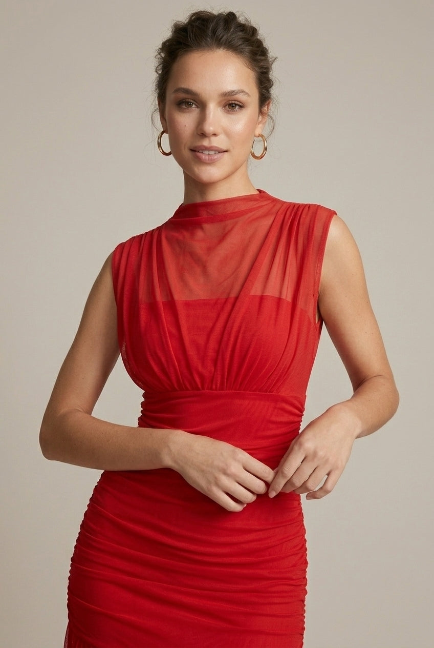 Women's Sleeveless Ruched Drop Waist Maxi Dress - Crew Neck TARHUS  Maxi Dresses