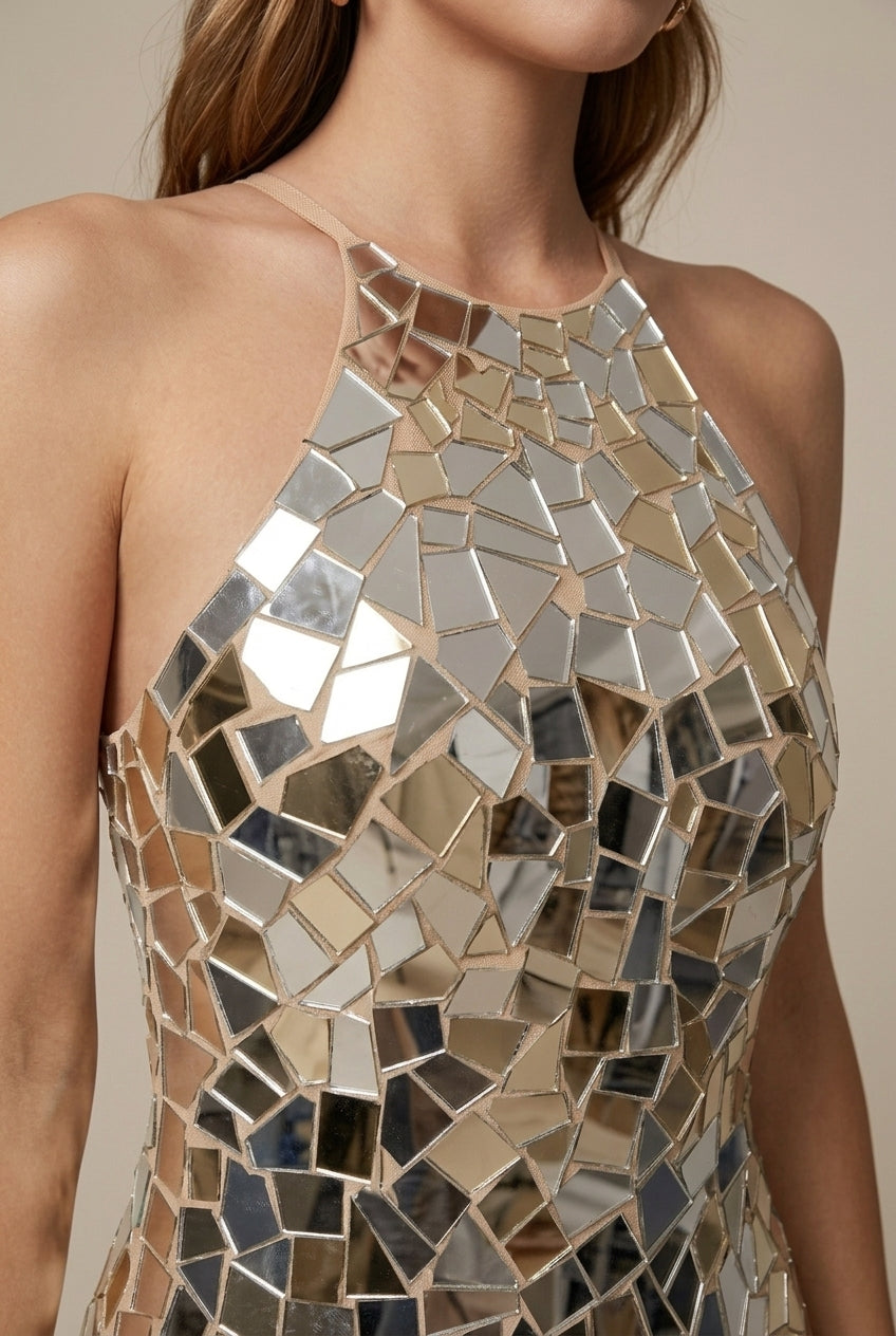 Women's Sleeveless Halter Backless Mosaic Mirror Mini Dress TARHUS  Dresses