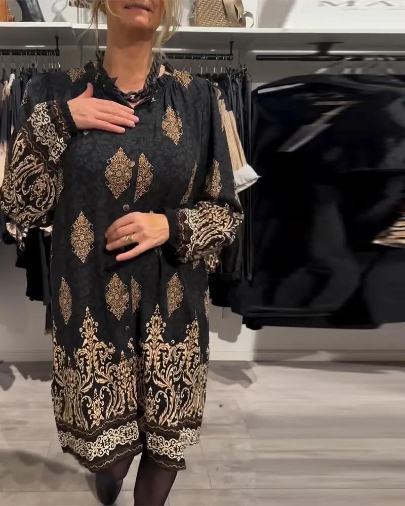 Vintage Print Shirt Dress – Long Lantern Sleeves, Lapel Collar & Button Front TARHUS  Dresses