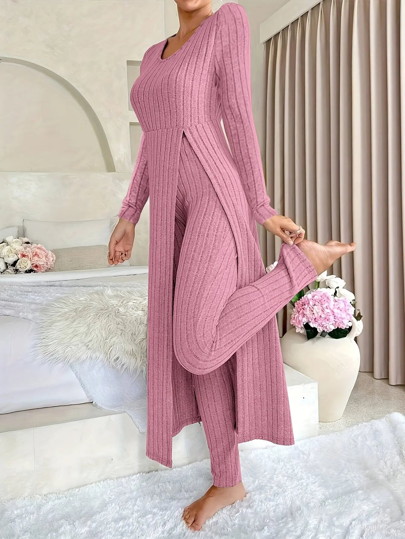 Women's Ribbed Lounge Set – Long Sleeve Top & Pants Two-Piece Outfit - TARHUS