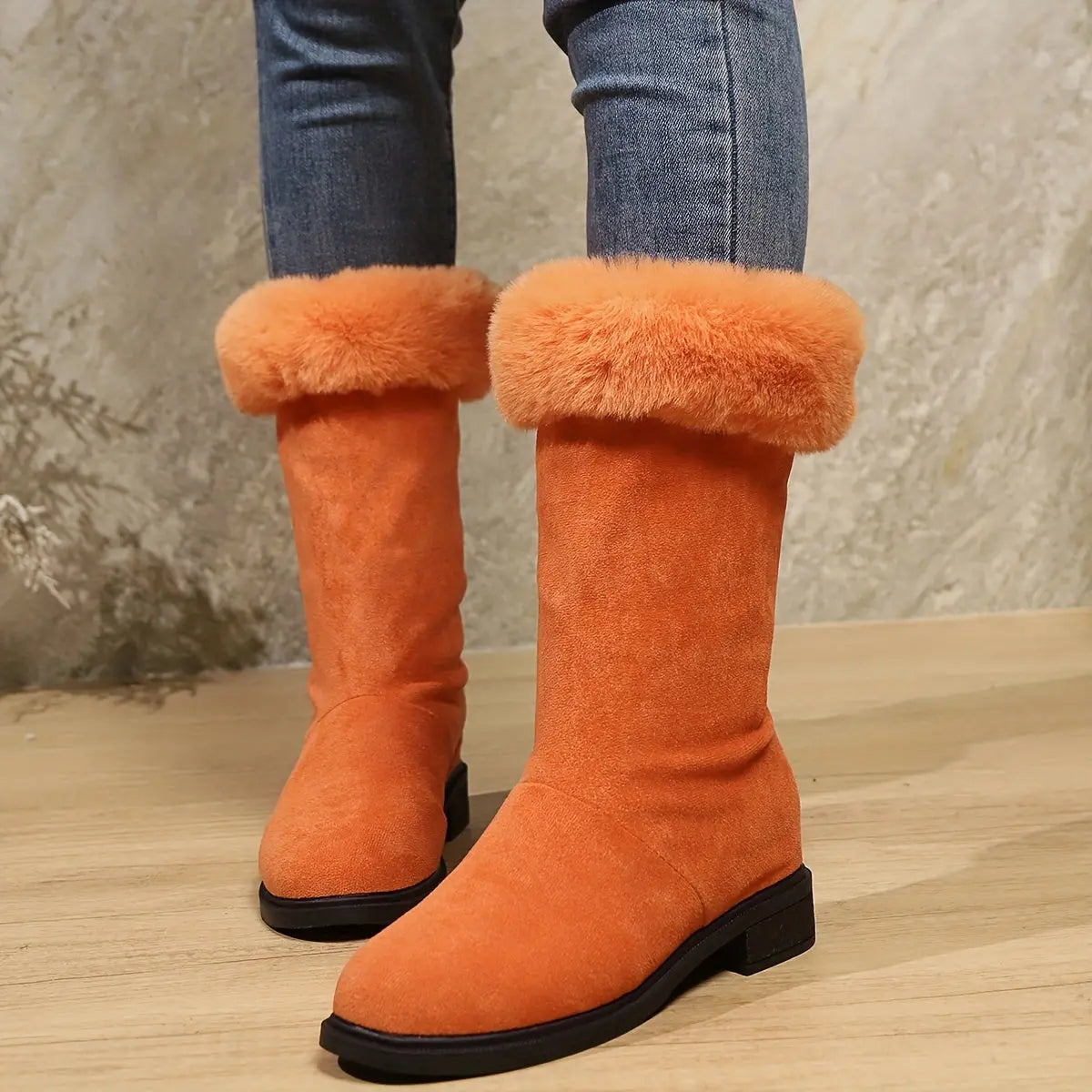 Mid-Calf Winter Booties for Women – Soft Plush Slip-On Snow Boots with Platform Heel | Warm Indoor Outdoor Cold Weather Fashion - TARHUS