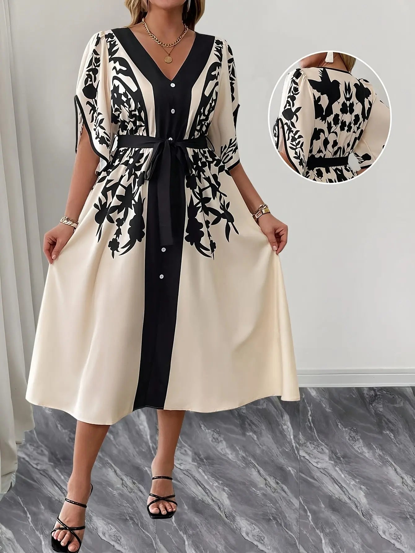 Floral Resort Dress for Women – Chic Summer Midi Dress with Tie-Belt Waist, Lightweight Vacation Outfit - TARHUS