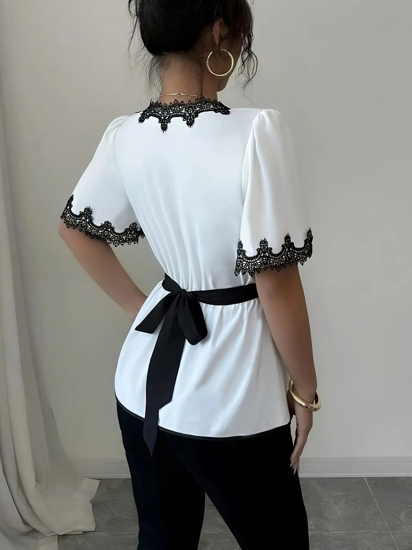 Elegant Lace Trim Blouse for Women – Long Sleeve, Lightweight, Stylish Office & Casual Top - TARHUS