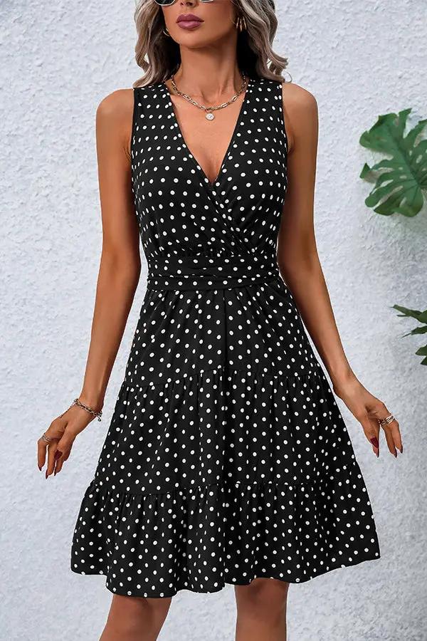 Black And White Dots Print V Neck Tie Waist Dress - TARHUS
