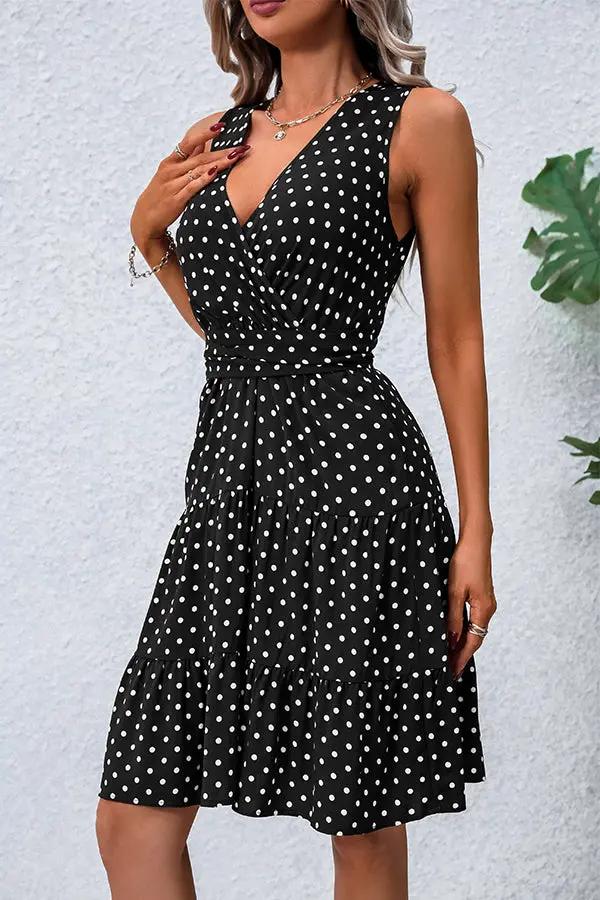 Black And White Dots Print V Neck Tie Waist Dress - TARHUS