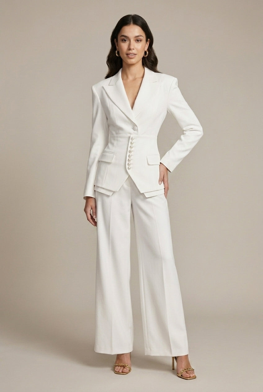 Women's Notched Lapel Blazer Wide Leg Pant Suits Set - Side Button TARHUS  Suits