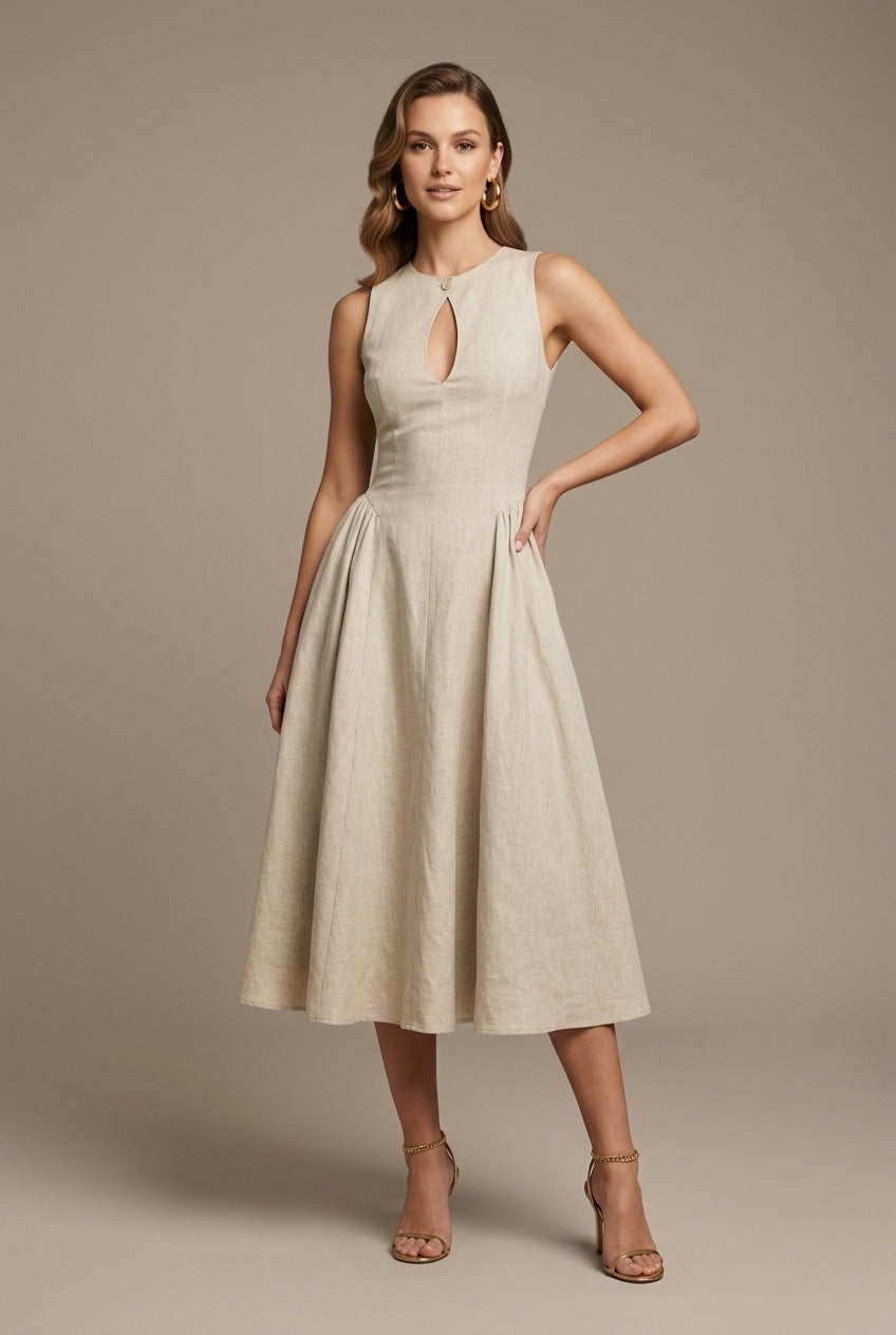 Women's Sleeveless Keyhole Cutout A-Line Midi Dress - Button Closure TARHUS  Midi Dresses