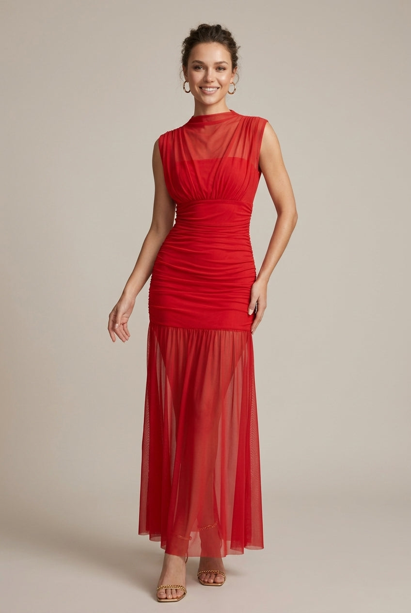 Women's Sleeveless Ruched Drop Waist Maxi Dress - Crew Neck TARHUS  Maxi Dresses
