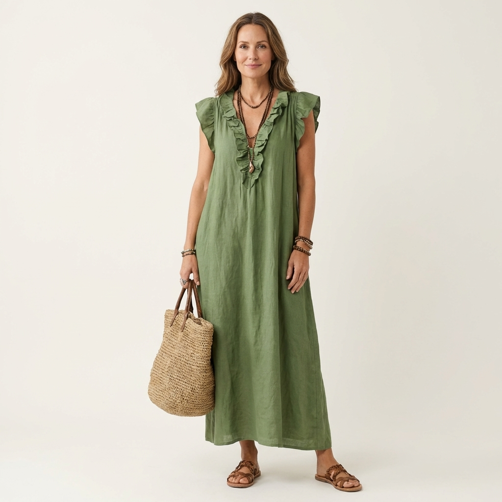 Josette | Ruffle V-Neck Linen Maxi Dress TARHUS  Dresses