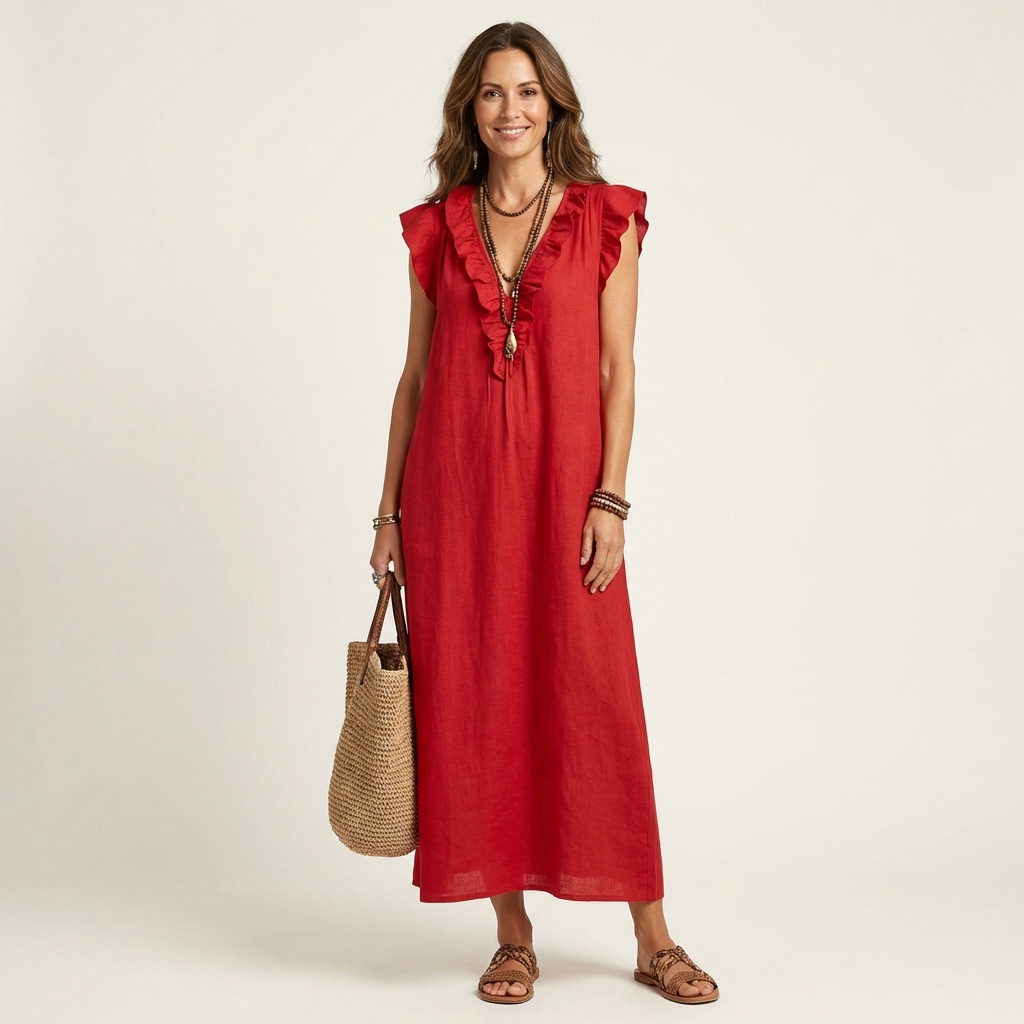 Josette | Ruffle V-Neck Linen Maxi Dress TARHUS  Dresses