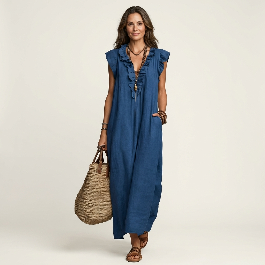 Josette | Ruffle V-Neck Linen Maxi Dress TARHUS  Dresses