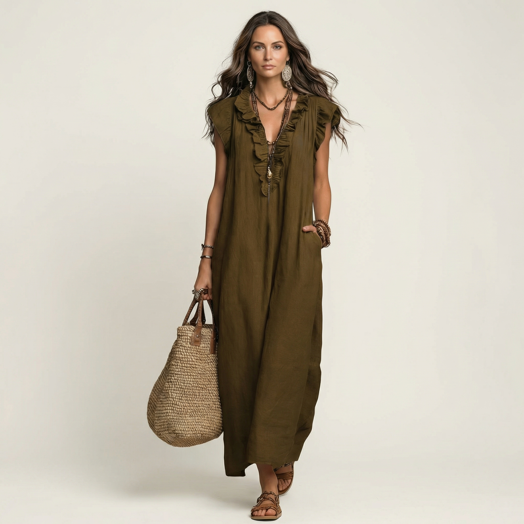 Josette | Ruffle V-Neck Linen Maxi Dress TARHUS  Dresses