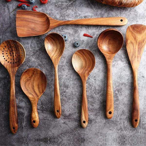 Handmade Teak Utensils Set | 7 Kitchen Tools – Chemical-Free Wood TARHUS  Cooking Utensils