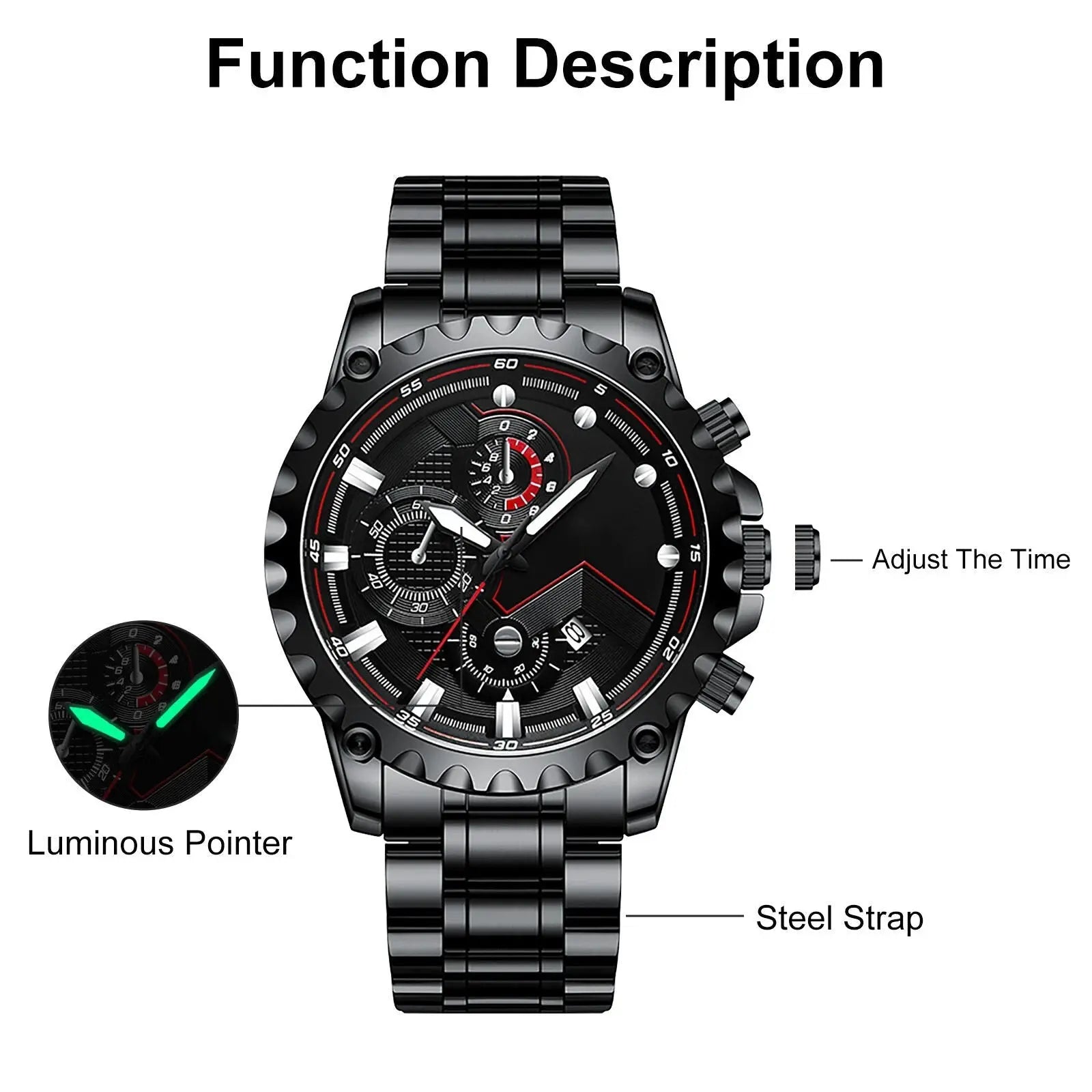 Men’s Black Stainless Steel Chronograph Watch – Waterproof Sport Watch - TARHUS