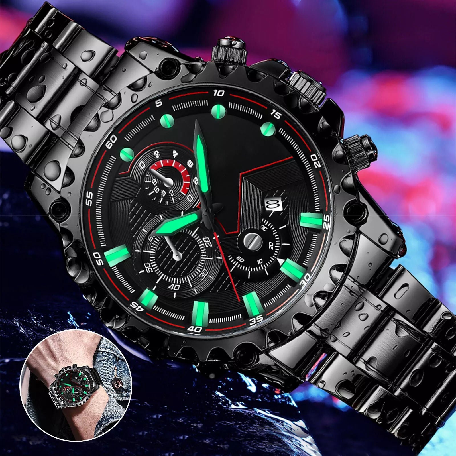 Men’s Black Stainless Steel Chronograph Watch – Waterproof Sport Watch - TARHUS