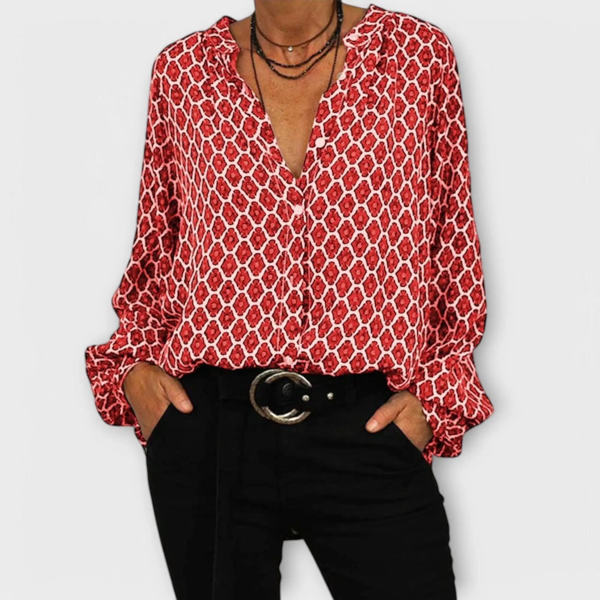 Stylish Blouse with V-Neck and Long Sleeves - TARHUS