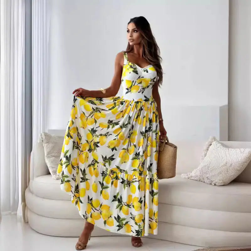 Women’s Elegant Lemon Print Spaghetti Strap Flowy Long Dress - TARHUS