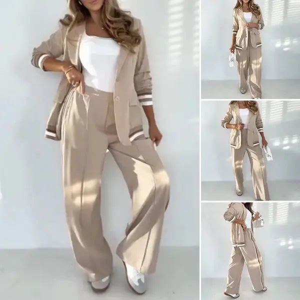 Chic Beige Blazer and Wide-Leg Pants Set – Stylish Two-Piece Outfit - TARHUS