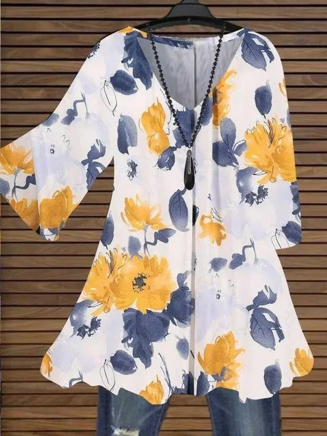 Floral Print V-Neck Tunic Blouse for Women - TARHUS