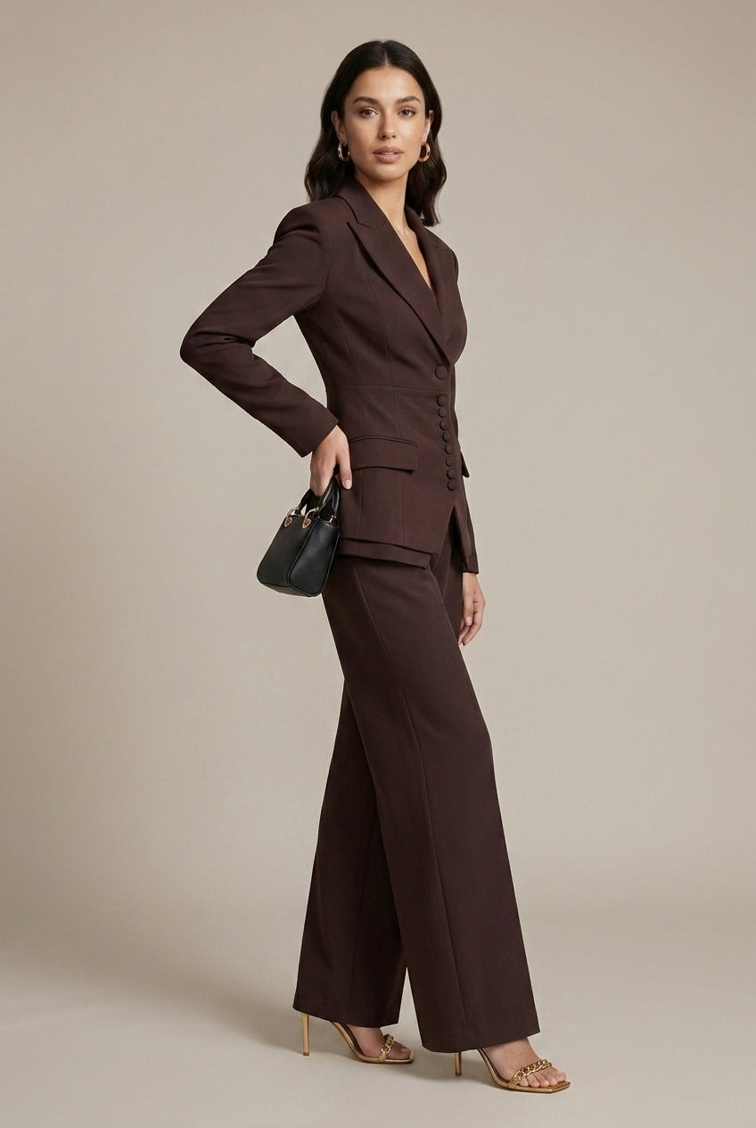 Women's Notched Lapel Blazer Wide Leg Pant Suits Set - Side Button TARHUS  Suits
