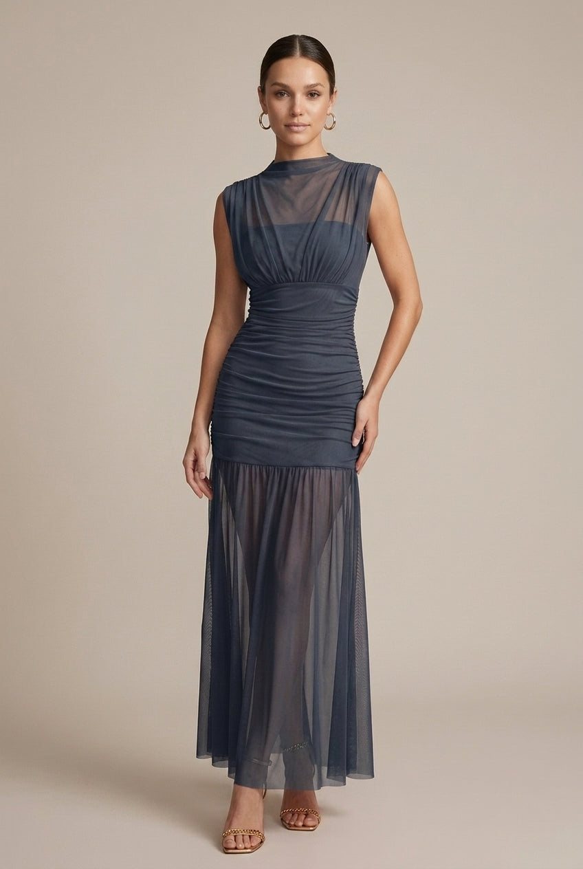 Women's Sleeveless Ruched Drop Waist Maxi Dress - Crew Neck TARHUS  Maxi Dresses