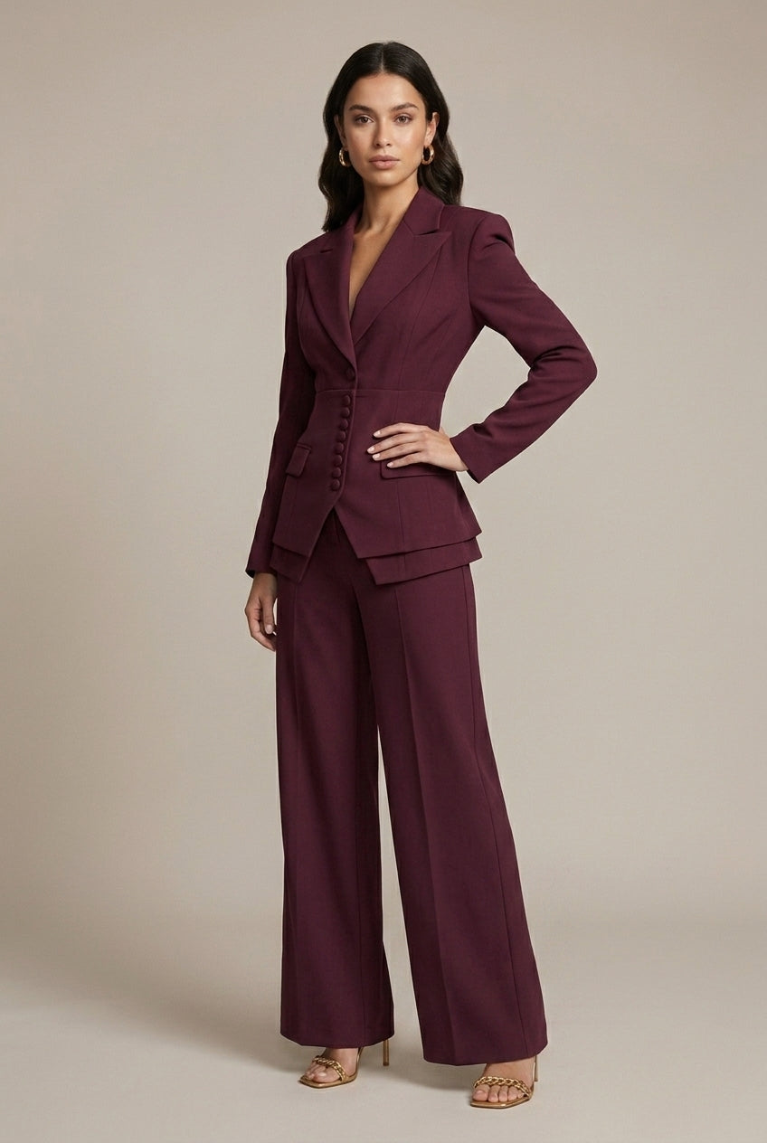 Women's Notched Lapel Blazer Wide Leg Pant Suits Set - Side Button TARHUS  Suits