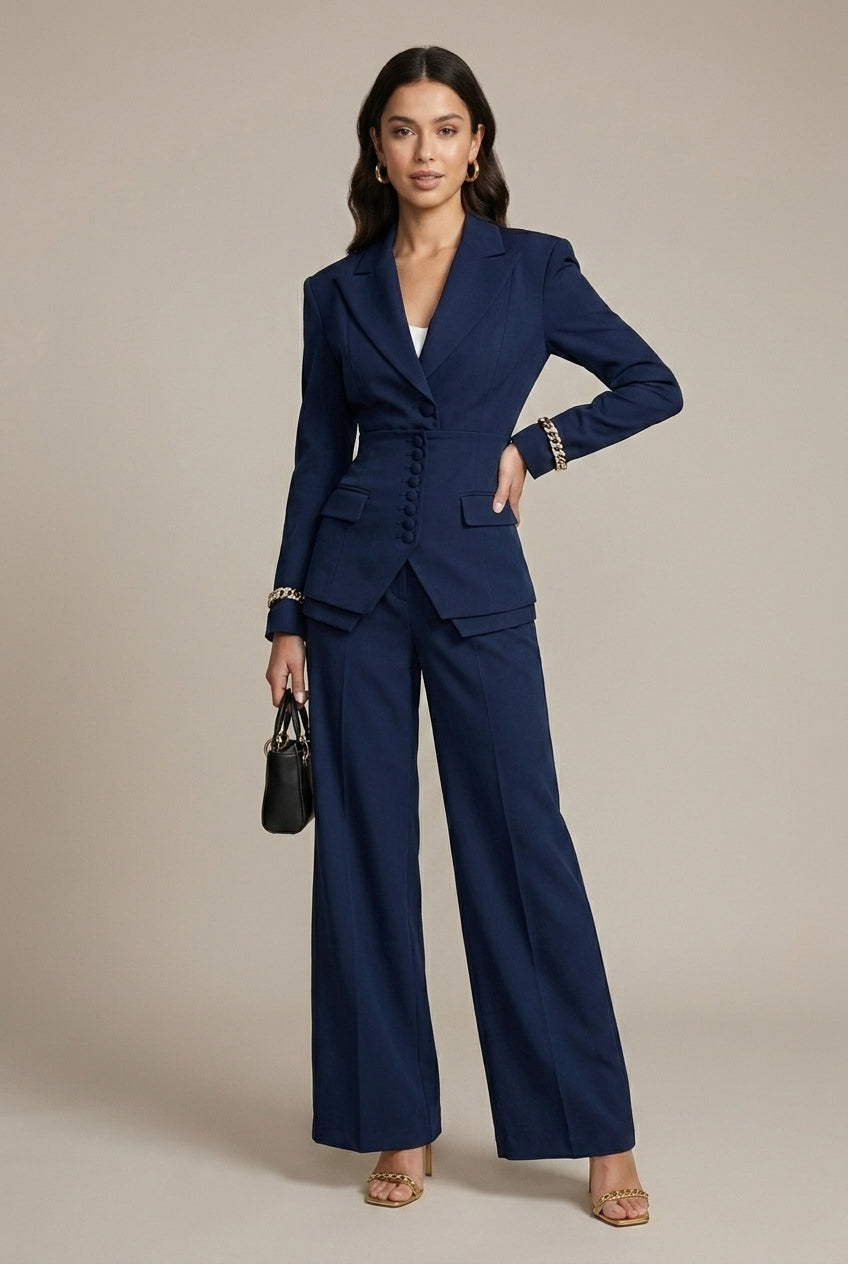 Women's Notched Lapel Blazer Wide Leg Pant Suits Set - Side Button TARHUS  Suits